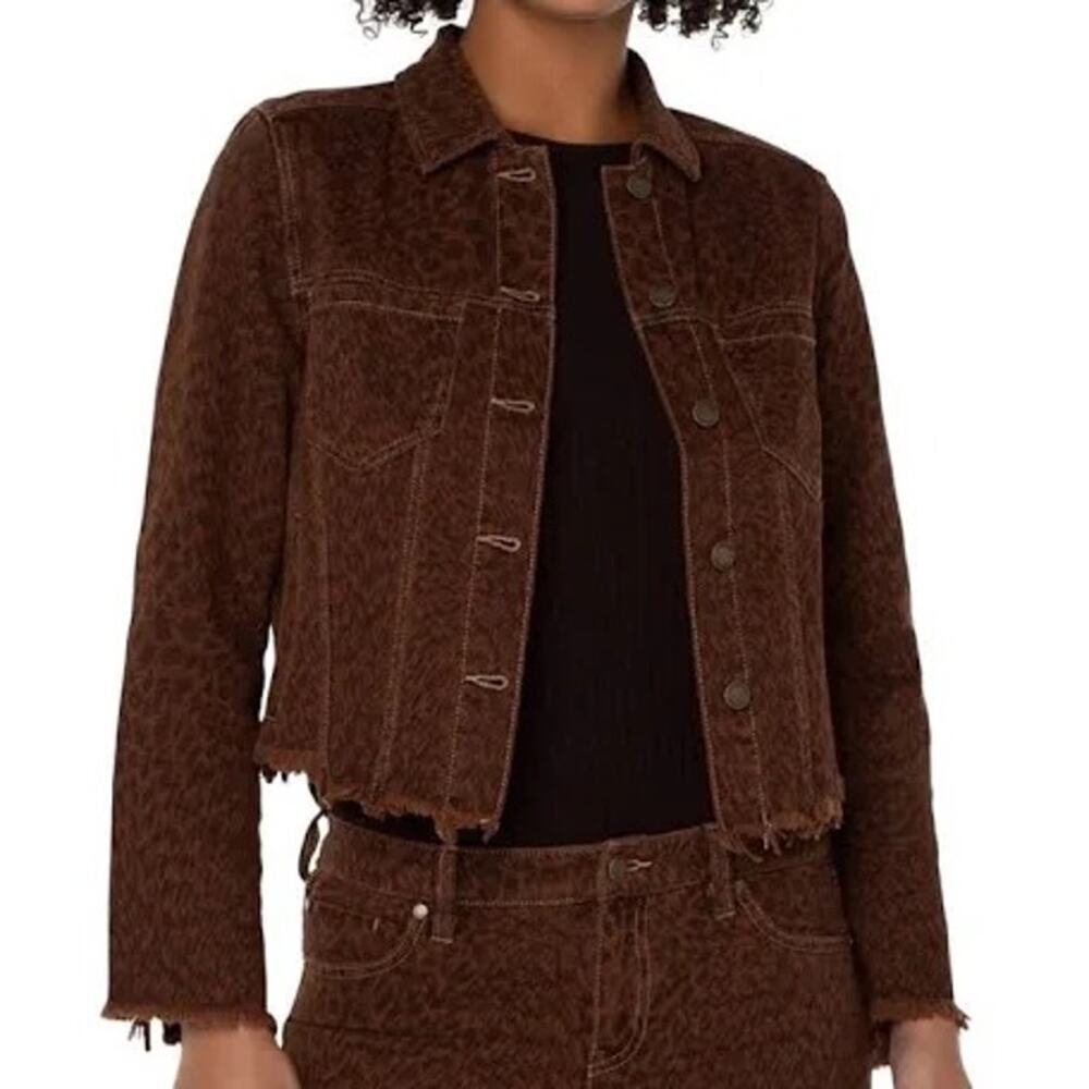 Liverpool Animal Printed Cropped Jacket with Fray Hem in brown Sz Large NWT